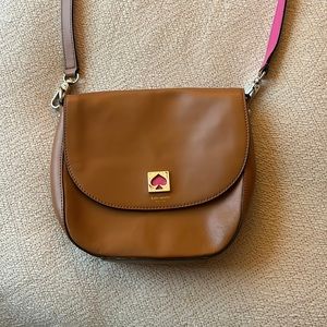 Kate Spade - Brown Leather Saddle Crossbody Bag W/ Pink Strap